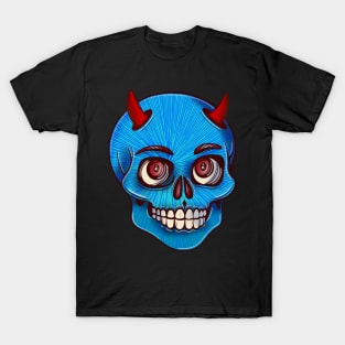 Blue striped skull with red devil’s horns T-Shirt